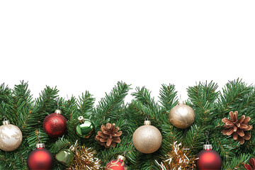 Evergreen branches adorned with shiny ornaments and pine cones, festive celebration spirit, against transparent background