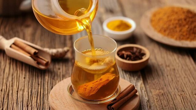 Brewing golden turmeric tea with spices at a rustic kitchen table