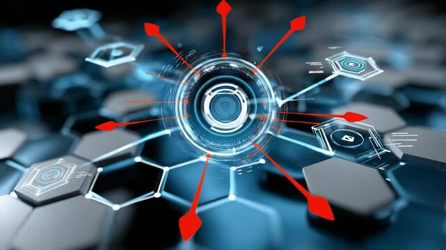 Network Hub: Futuristic technology concept showcasing a central network hub with interconnected nodes, representing data flow and digital connectivity.