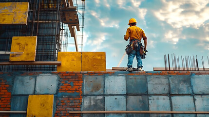Masonry details, industrial brick mason, bricklayer working on building exterior walls at construction site. worker's day. labor day