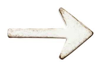 Right-pointing arrow with a textured, metallic, silver finish is isolated on a solid, stark transparent background