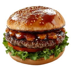 Delicious juicy burger with teriyaki glaze sesame bun lettuce tomato