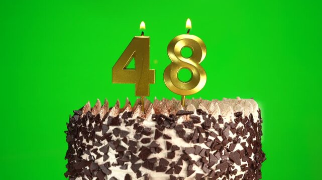 Lighting candles on Chocolate birthday cake on green chroma key background with number forty-eight golden candles. Celebration Birthday cake for 48 years.