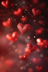 Obraz premium Glittering Red Hearts Falling Against a Soft Bokeh Background