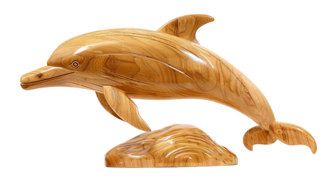 A handcrafted wood dolphin sculpture on a wooden base. Carved, shiny, and beautiful against a transparent background