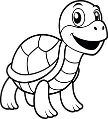 A cheerful cartoon turtle with a big smile, ideal for children's coloring books and educational materials. The turtle is outlined in black and white, making it perfect for print-and-color activities.