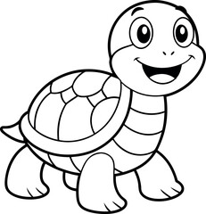 A cheerful cartoon turtle with a big smile, ideal for children's coloring books and educational materials. The turtle is outlined in black and white, making it perfect for print-and-color activities.