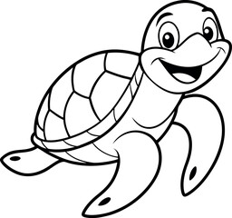 A cheerful cartoon turtle with a big smile, ideal for children's coloring books and educational materials. The turtle is outlined in black and white, making it perfect for print-and-color activities.