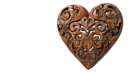 Intricately carved wooden heart; floral and swirling details on the textured surface, presented against a stark transparent background