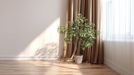 Sunlight streams into a room, illuminating a potted plant near beige curtains.
