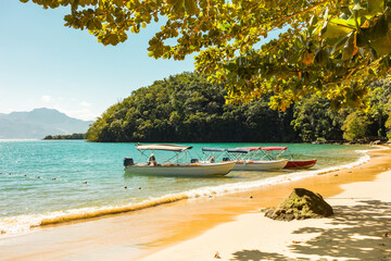 Taxi boat anchored at Abraãozinho Beach with taxi boat and blue waters in Abraão, on tropical Ilha Grande, Angra dos Reis, south of Rio de Janeiro Brazil © wtondossantos