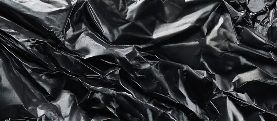 A black crumpled plastic sheet with intricate folds and glossy wrinkles under dramatic studio lighting, emphasizing texture and material contrast