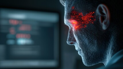 Futuristic cybernetic enhancement digital workspace concept art high-tech environment close-up perspective innovation and technology