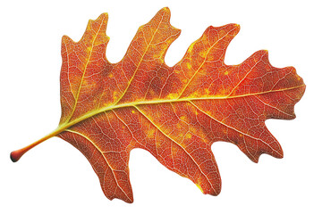 Fototapeta premium Autumnal oak leaf in shades of orange and yellow, with intricate veins and texture, isolated against a transparent background