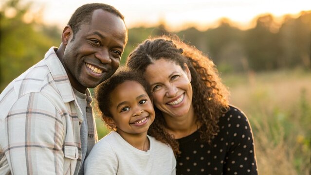 Happy adoptive family with multicultural background bonding together in bright natural setting