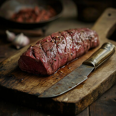 photo of fresh beef tenderloin lying on wooden cutting board and vintage carving knife nearby