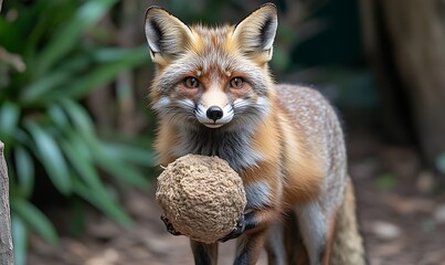 Obraz premium Adorable Red Fox Holding Ball Looking at Camera in Natural Setting