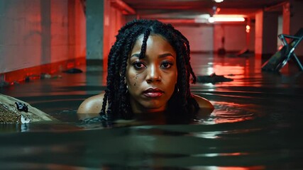 Distressed woman submerged in flood water in dimly lit concrete structure