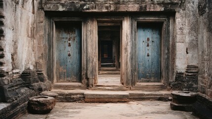 A pair of weathered, blue wooden doors leads to a mysterious passage, evoking a sense of adventure and history.