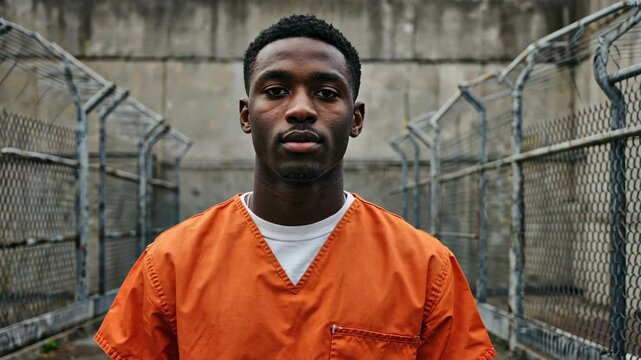 Intense portrait of a young adult male in orange prison uniform standing with serious expression against an industrial setting behind chain link fence.