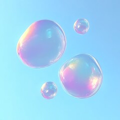 Three iridescent bubbles with pink, purple, blue, and yellow hues floating against a clear blue sky, soft lighting enhancing glossy surfaces and refractive shimmer, minimalistic composition