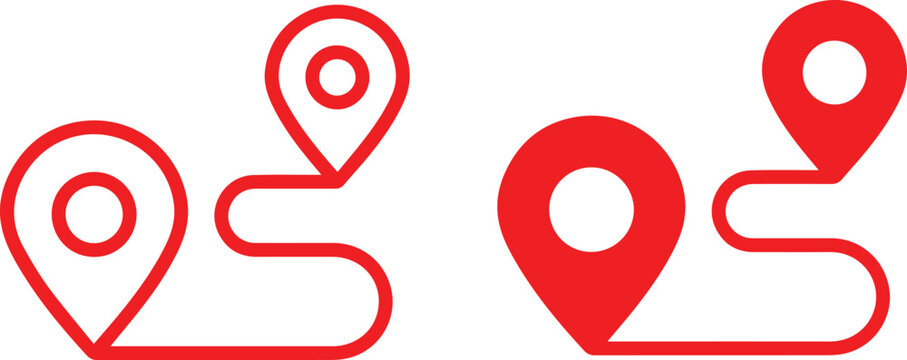 Minimalist logo design, map pin icons, red and white color scheme, curvy lines, location markers, simple geometric shapes