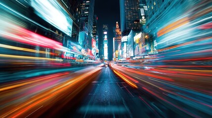 Long exposure night cityscape with motion-blurred car light trails, neon signs on skyscrapers, and urban energy under high-contrast lighting, leading lines toward vanishing point