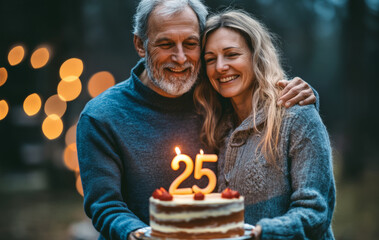 Happy mature couple celebrating their 25th wedding anniversary with a cake outdoors