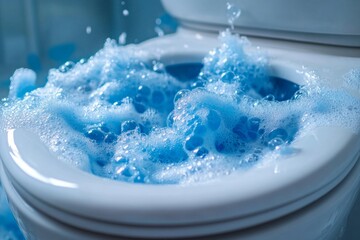 Blue detergent creating foam and bubbles while cleaning a white toilet bowl