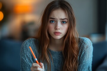 Portrait of a thoughtful young woman holding a pen, frowning and looking concerned