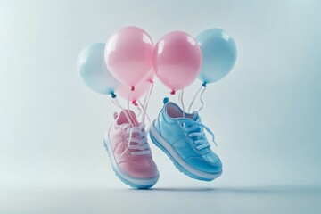 Baby shoes floating with pink and blue balloons celebrating a gender reveal, baby shower, or birth announcement