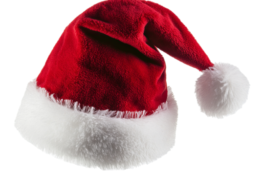 A red and white Santa Claus hat with soft trim & pom. Festive holiday theme, isolated on a transparent background for easy compositing