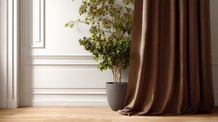 Green plant in pot by brown curtain