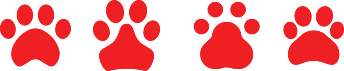 Red paw prints, animal tracks, simple graphic design, bold colors, white background, cartoon style, vector art, dog or cat footprints, iconic symbols