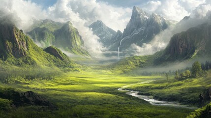 Fototapeta premium Serene Mountain Landscape with Lush Green Valleys and Waterfalls