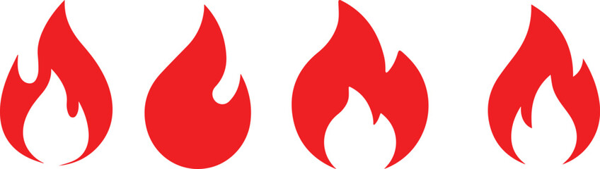 Obraz premium Simple red flame icons, minimalist fire symbols, vector graphics, flat design, symmetrical shapes, white background, set of four flame