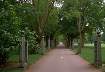 Tree Lined Pathway: A picturesque view of a long, winding pathway lined with tall, majestic trees. The path leads towards a horizon, hinting at a serene destination.