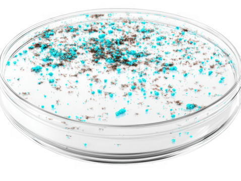 Detailed Petri Dish with Teal and Brown Substances on White Isolated Background