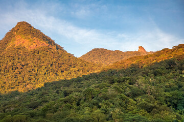 Obraz premium View from nature and Pico do Papagaio(parrot peak) at sunset on the tropical mountain in Ilha Grande, Green Coast of Angra do Reis, south of Rio de Janeiro, Brazil, world heritage site