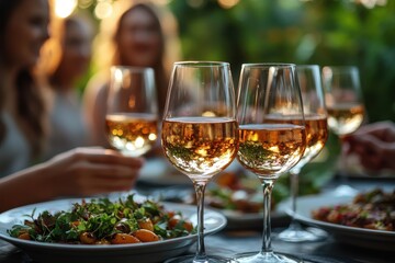 Obraz premium Friends enjoying dinner with wine outdoors during a summer evening gathering