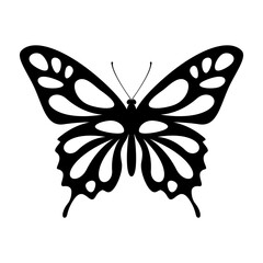 Butterfly swallowtail black silhouette. Beauty insect with luxurious wings and antennae for decorative ornament and entomology