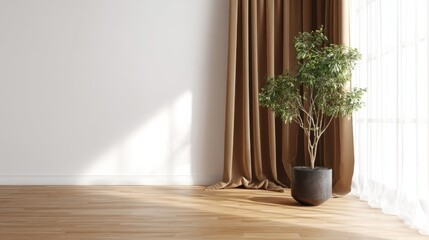 Sunlight streams into a minimalist room, illuminating a potted plant and light brown curtains.