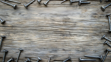 Wooden surface with scattered metal nails in a frame pattern.