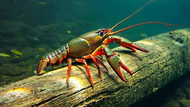 Colorful crawfish underwater rests on a submerged log in a freshwater habitat with sunlight and small fishes swimming nearby.