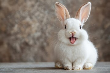Fototapeta premium Happy white rabbit sitting on a textured surface with a joyful expression during daylight