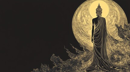 Buddha silhouette with serene moon backdrop.