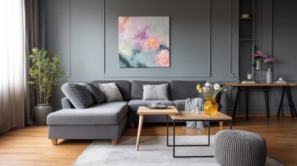 Fototapeta premium Modern living room with gray sectional sofa and abstract floral art.