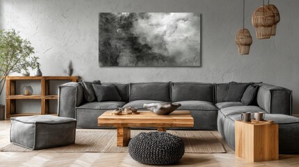 Modern living room with sectional sofa and abstract art.