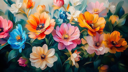 Beautiful floral background. Colorful flowers. Oil painting. Abstract art background.