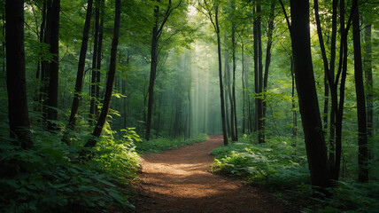 Obraz premium A sunlit path winds through a mystical green forest, inviting exploration and tranquility with dappled light and a soft, earthy tone.